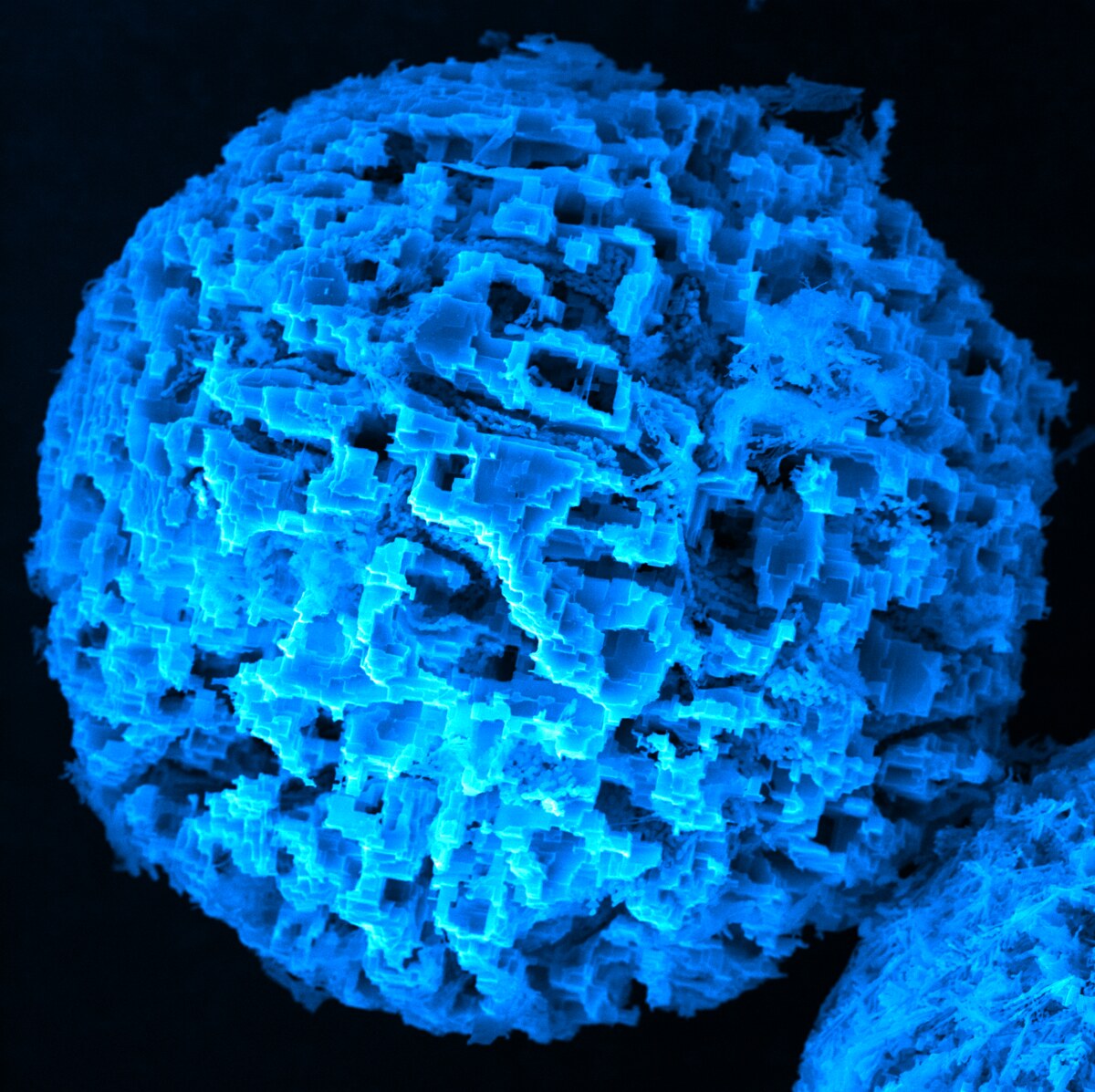 Worlds Within Worlds — false-colour SEM of an etched Al–Si powder particle exposing the skeletal cubic silicon crystal network beneath the aluminium matrix.